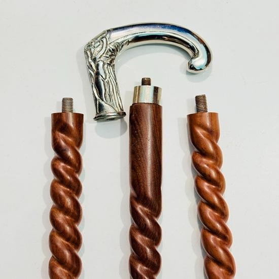 Personalized Twisted Wood Walking Cane: Silver Handle, Engraved Folding Stick Home Decor