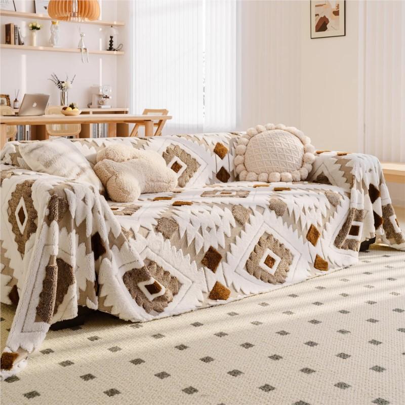 Cold-weather Off-white Aesthetic Plush Loveseat Mat Throw Total Coverage Pet-proof Mark Claw-resistant Slip-resistant Fluffy Settee Throw Family