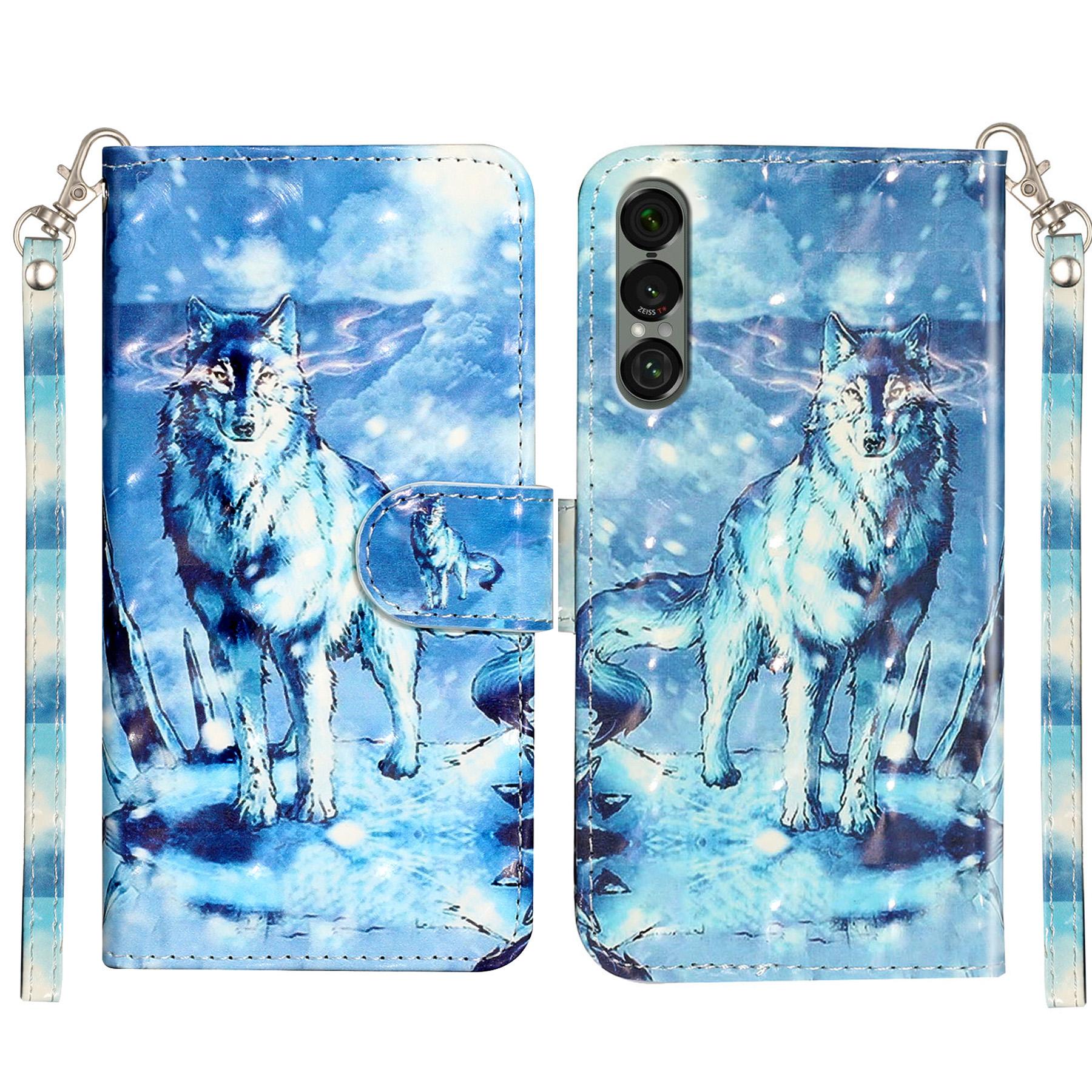 

Чехол-кошелек для Sony Xperia 1 VII, кожаный чехол для телефона с 3D-рисунком и ремешком Snow Wolf