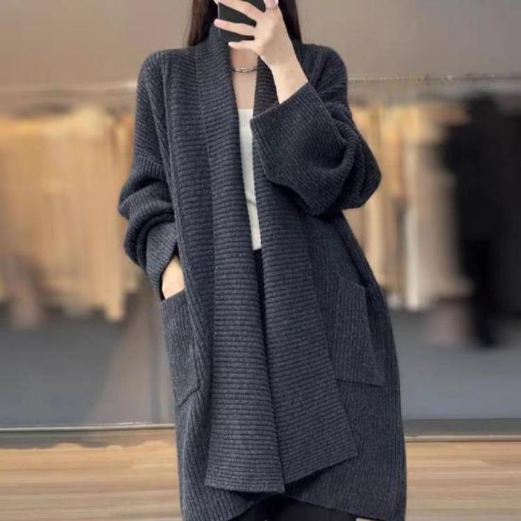 Loose Fit Mid Length Open Front Cardigan Sweater Coat for Women Lapel Long Sleeve Large Pockets Solid Color Outwear