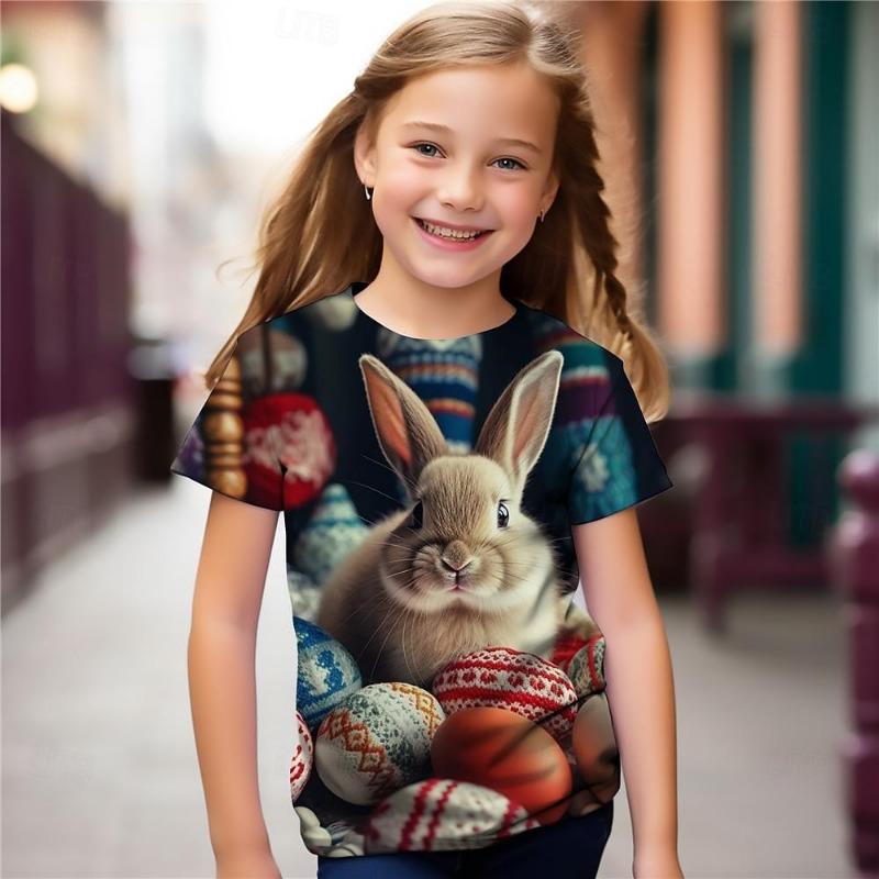 Easter Girls  3D Rabbit Tee Shirts Short Sleeve 3D Print Summer Active Fashion Cute Kids 3-12 100