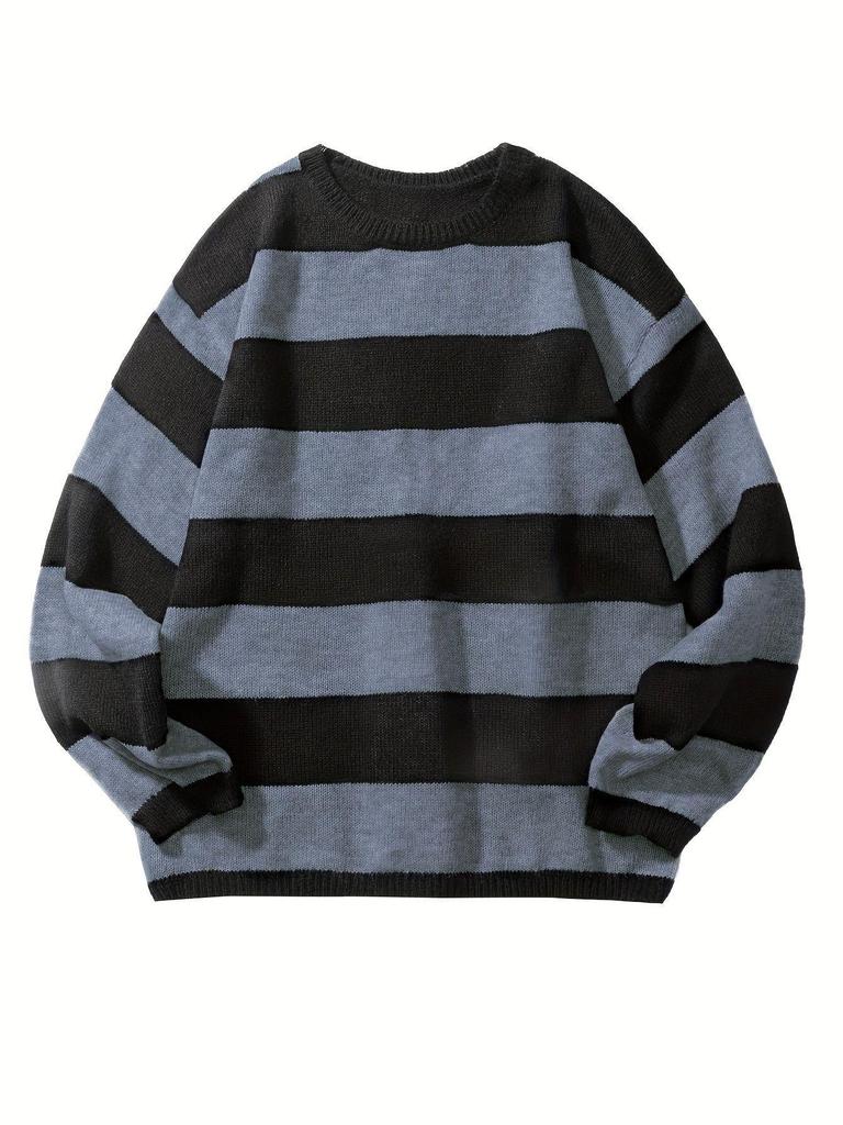 Men's Retro Wool Knitwear: Color Block Striped, Round Neck, Soft & Cozy, Loose Fit, Autumn/Winter Edition.