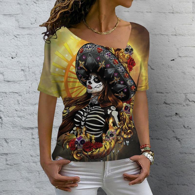 Damski T-shirt z motywem różanym, malowany, z nadrukiem graficznym, z dekoltem w serek, podstawowy top z krótkim rękawem, XS-8XL/Druk 3D