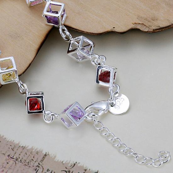 Fashion Women Silver Plated Cube Colorful CZ Bracelet Bangle Jewelry Gifts