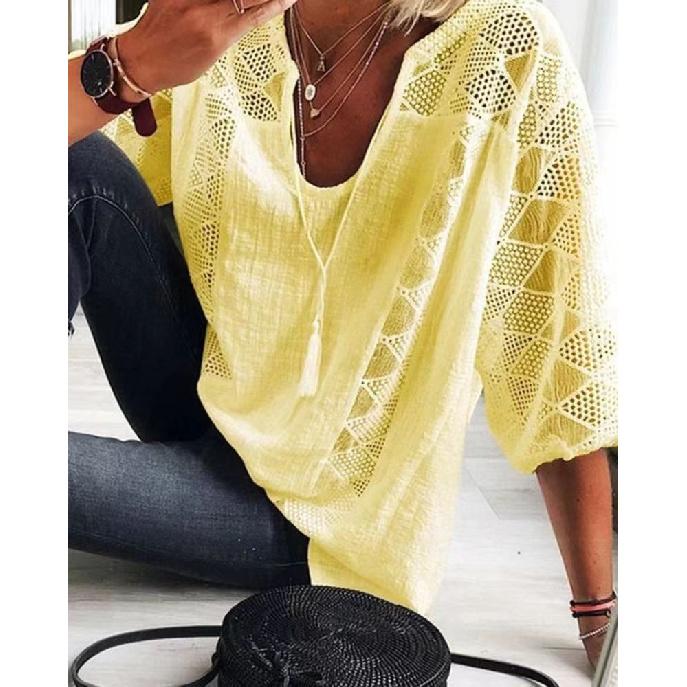 2026 Spring New Women's Lace Hollow-Out Patchwork U-Neck Three-Quarter Sleeve T-Shirt Top