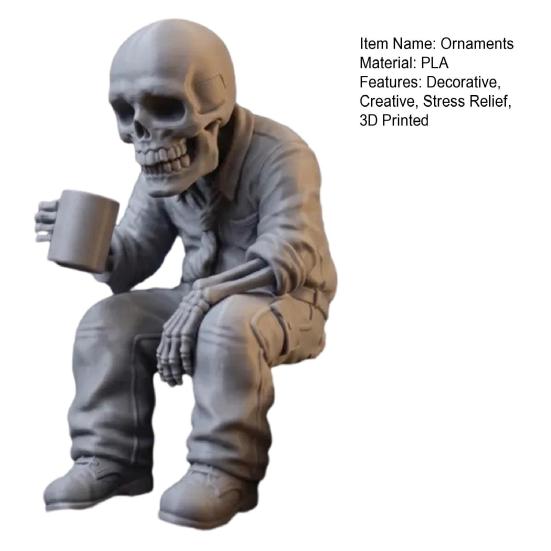 3D Printed Sitting Skeleton Statue with Coffee Cup, Drinking Coffee Skull Figurine, Compact Desktop Decoration for Office Study Room Ornaments