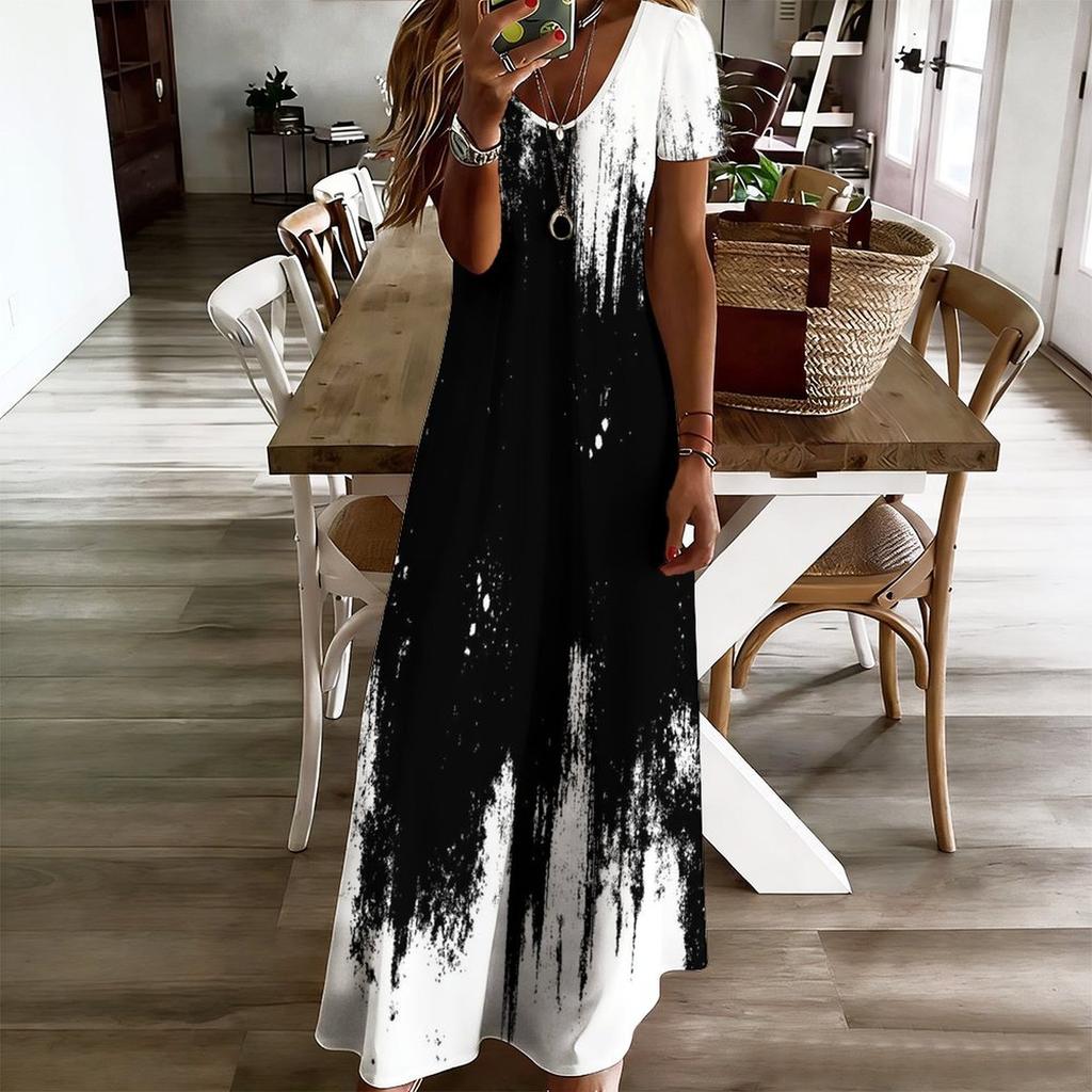Women Plus Size V Neck Short Sleeve Printed Long Maxi Dress