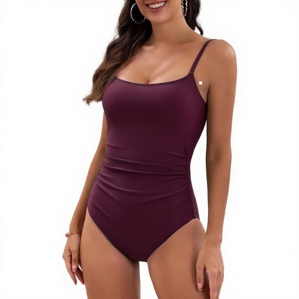 European and American Pleated Solid Color Sexy One-Piece Swimsuit for Women