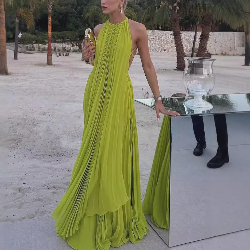 Sexy Sleeveless Backless Pleated Long Skirt Suit for Women