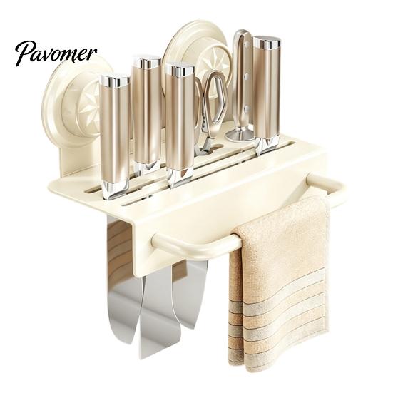 Kitchen Countertop Organizer Chopstick/Cutter Storage Rack, Wall Mounted Suction Cup Installation, Heavy Duty Carbon Steel No Drill Utensils