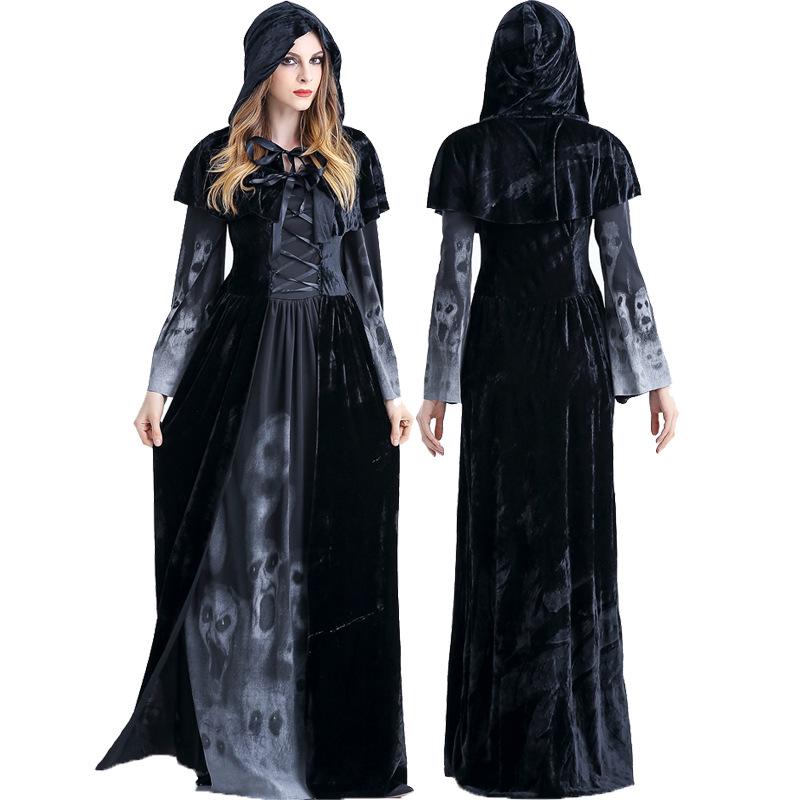 Halloween Grim Reaper Long Dress Costume for Women - Skeleton Vampire Role-Play