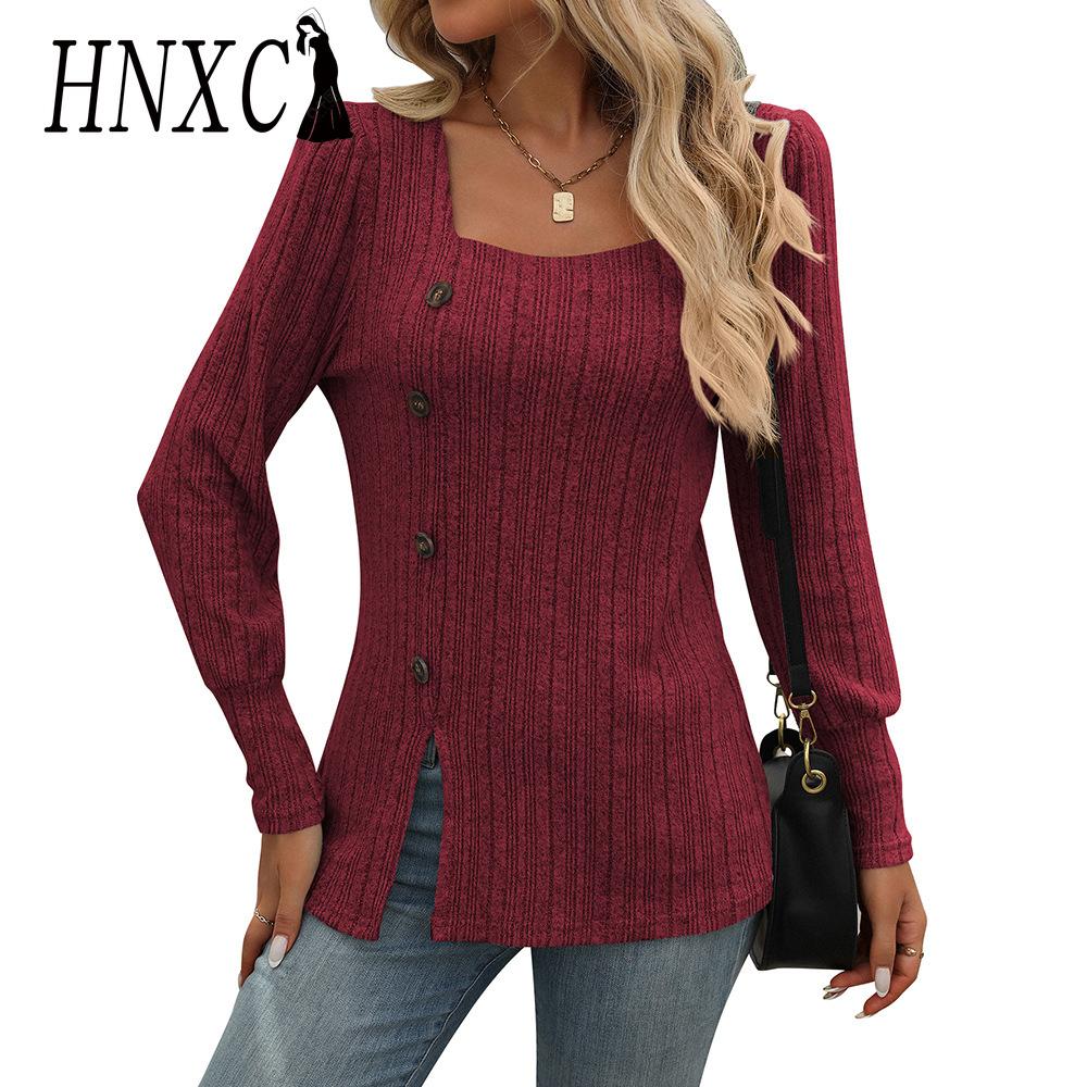 HNXC Women's Fashion Casual Autumn Winter Solid Color Print Long Sleeve Square Collar Blouses & Shirts