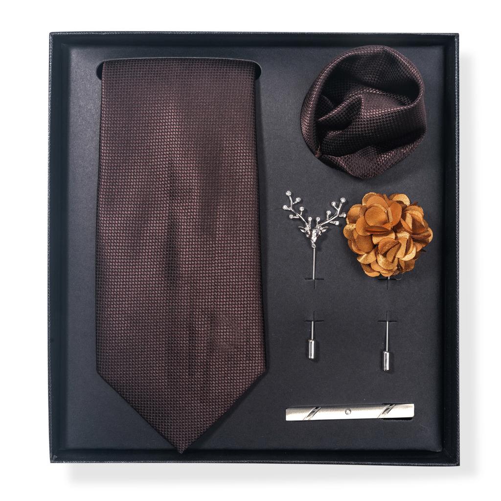 Tie Men'S Trend Net Color Striped Cashew Nut Tie 6-Piece Gift Box Square Scarf Tie Clip Corsage Set