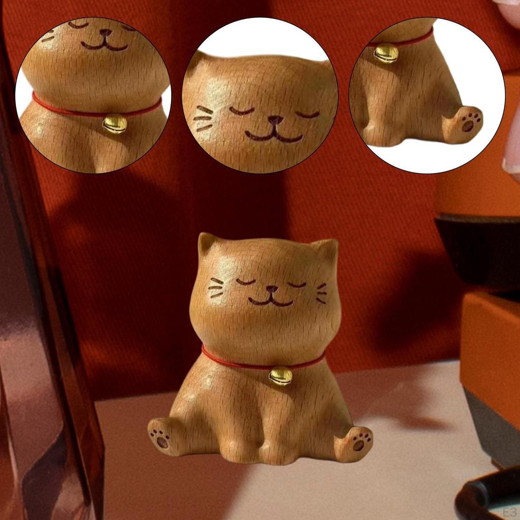 Carved Wooden Cat Statue Animal Figure Desk Carving Ornament Miniature Kitten Figurine for Companies