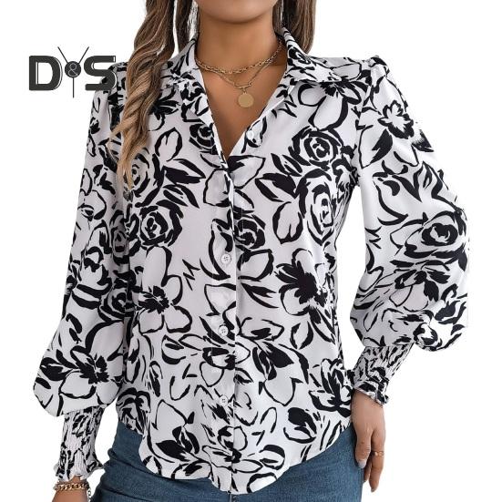 

Женская рубашка с лацканами-фонариками, длинными рукавами, эластичными манжетами, повседневные топы, однобортная рубашка с цветочным узором, уличная одежда S белый