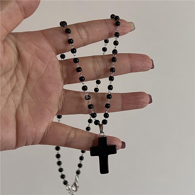 Gothic Vintage Red Glass Cross Pendant Black Bead Rope Chain Necklace For Women Men Y2K Aesthetic EMO Grunge Jewelry Accessories