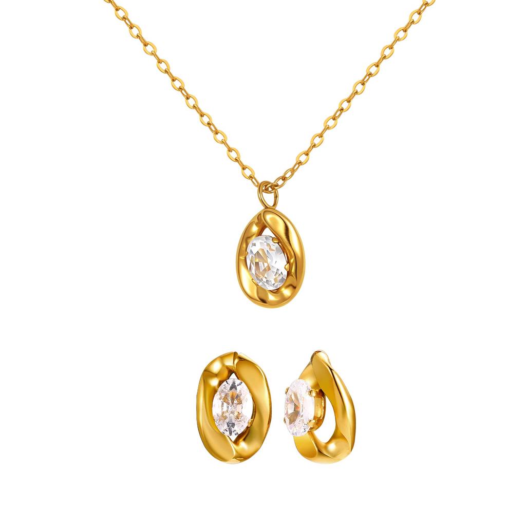 Oval White Zircon Pendant Necklace Earrings for Women,Gold Color Stainless Steel Necklaces,Exquisite Jewelry Gifts