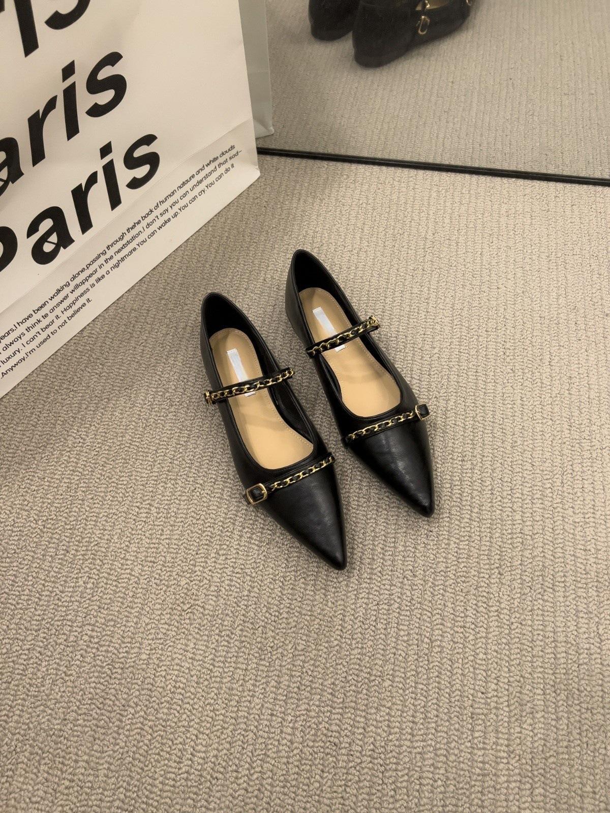 

Французские остроносые туфли-лодочки женская обувь весна 2025 новая нежная вечерний ветер универсальная металлическая цепочка туфли Мэри Джейн 39 чёрный