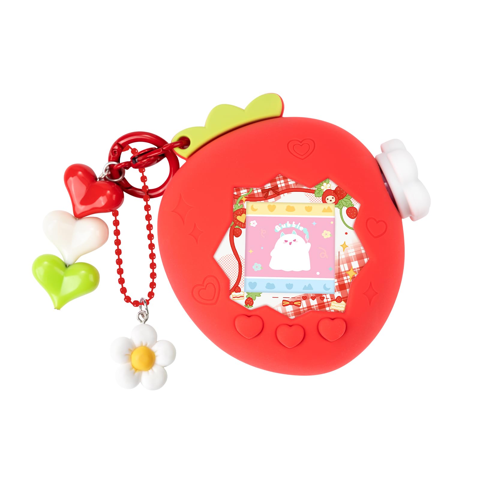 

BUBBLELOGUS Чохол для Tamagotchi Paradise Силіконова захисна накладка для Tamagotchi з брелоком-колесом масштабування Наклейки Повністю пилозахисний Полуничний Край (для Раю) червоний