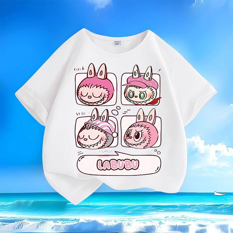LABUBU New Round Neck Children's Short-sleeved, Multicolor LABUBU Expression Printed Girls' T-shirt,  Versatile Children's Tops