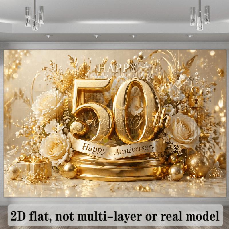 2D flaches Banner-Hintergrund für die Feier zum 50. Jahrestag, Thema Goldene Hochzeit, kombiniert mit 3D-goldenen 50er-Ziffern