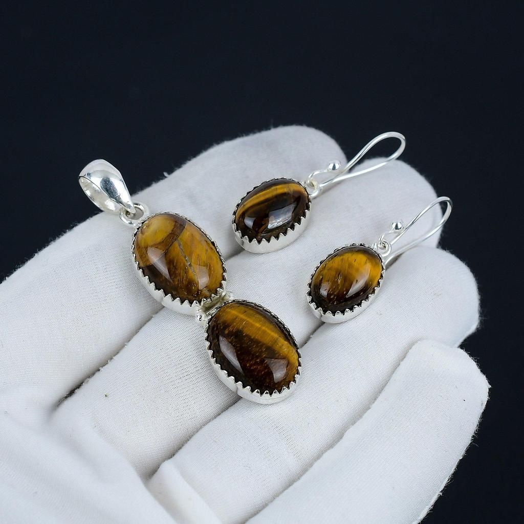 Tiger Eye Pendant Set, Tiger Eye Gemstone Handmade 925 Sterling Silver Earring Pendant Set For Women Pendant Gift For Love