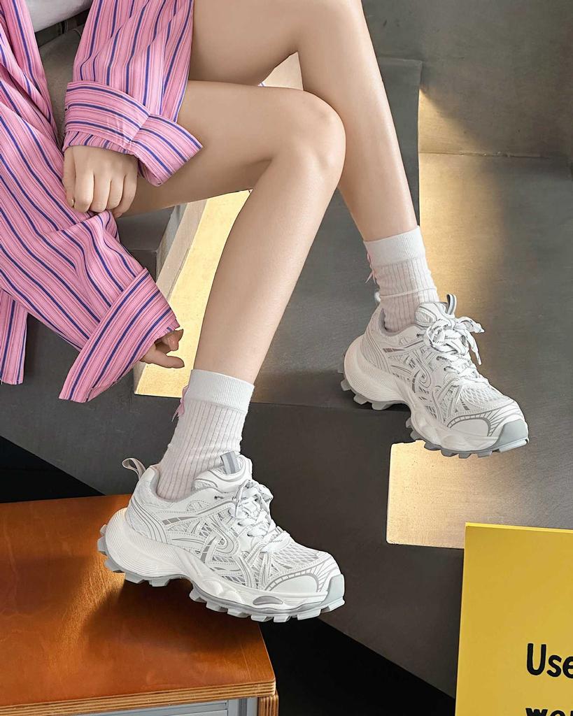 European station leather mesh breathable dad shoes women's 2025 spring and summer fashion thick-soled small height-increasing sports shoes