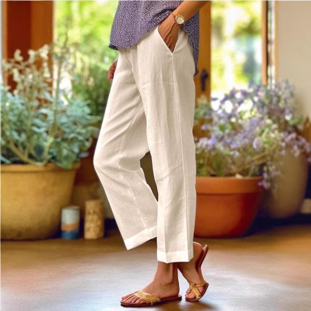Spring Summer New Women Solid Cotton Linen Wide Leg Pants, Elastic Waist Loose Casual Trousers, Breathable Daily Fashion Bottoms