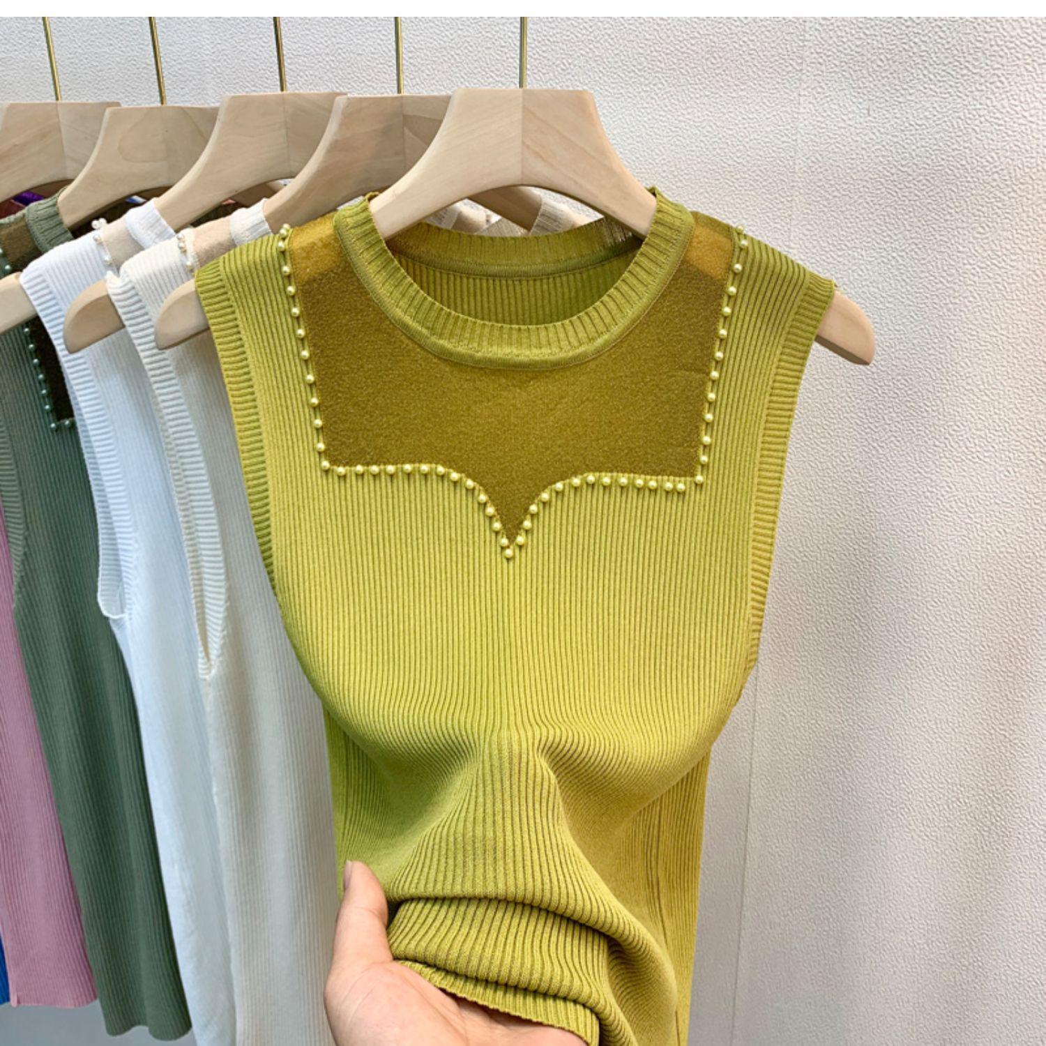 Women s Summer Beaded Mesh Knit Camisole - Plus Size Ice Silk Tank Top S (under 95 jin)