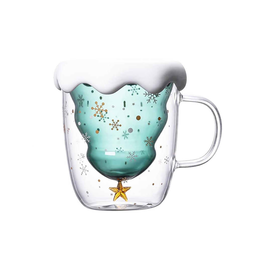 10oz Christmas Coffee Mugs, 1PCS Holiday Cups Double Wall Glass Tableware with Lid And Handle Tree Snowflake Design 300ML