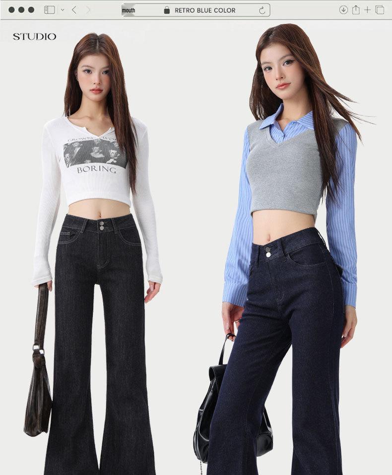 Women's 2025 Denim Blue Flare Jeans, Double Button, Slimming Floor-Length with Unique Back Pockets, Early Autumn Design.