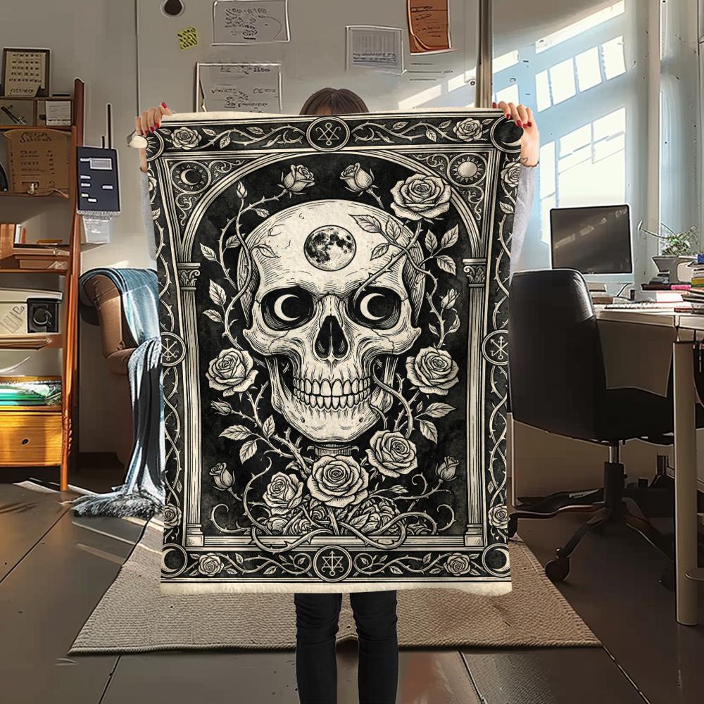 Skull Gothic Print Flannel Blanket, High Quality Comfortable for All Seasons, Home Decor, Warmth and Comfort, Perfect for Christmas Gifts102