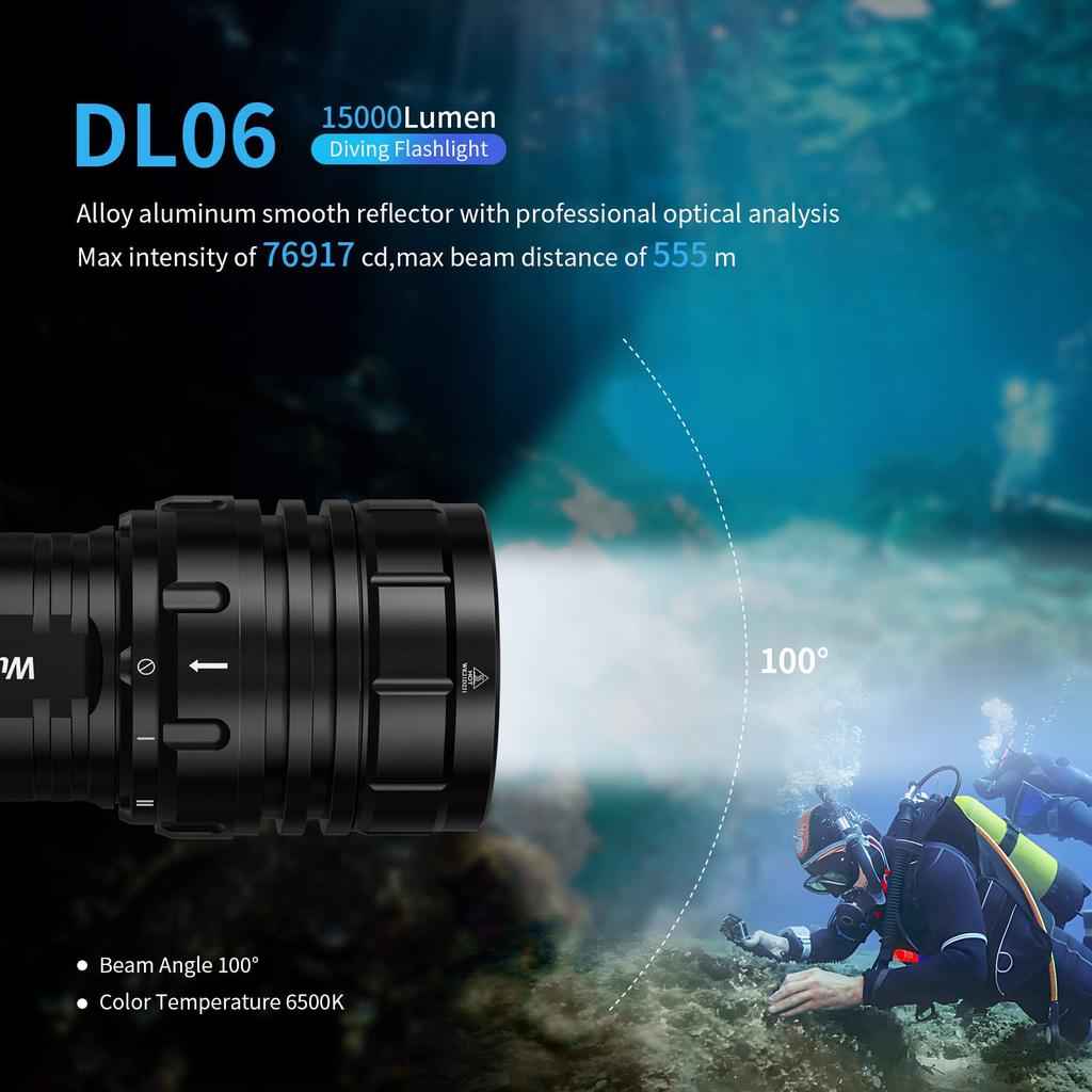 Wurkkos Diving Lumens DL06 LED Rechargeable Water Lung Diving Beam 6 IPX8 100m Underwater Flashlight Light, 15,000 Flashlight, Light, 100° Angle,
