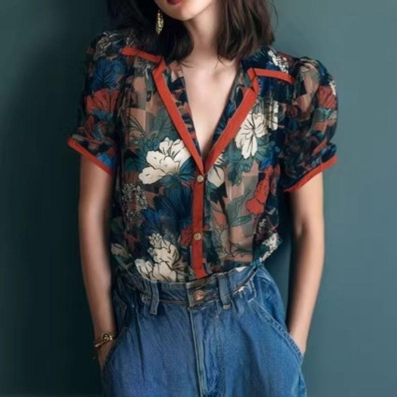 

European and American Cross-Border New Summer Chiffon Chic Short-Sleeved Shirt for Women, Loose and Slimming, Retro Hong Kong Style Floral Shirt Flower color XS