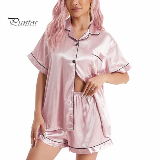 

Женский летний пижамный комплект из 2 шт./компл., однотонный однобортный однобортный топ с эластичной резинкой на талии и широкими штанинами, шелковистые лацканы с короткими рукавами и широкие брюки, домашняя одежда, брюки-рубашки 4XL шампанского