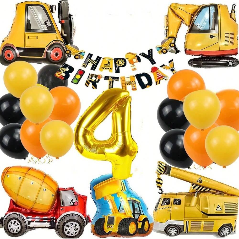 22Pcs Excavator, Tractor Engineering Vehicle Balloon Number 1~9 Balloons  Engineering Vehicle Flag Birthday Banner Decoration