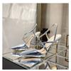2026New Spring/Summer Silver Lacquer Leather Cross Button Strap Pointed Thin Heel Sandals for Women Sexy High Heel Single Shoes