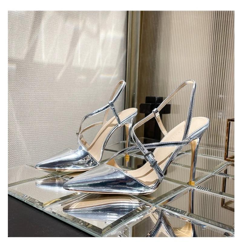 2026New Spring/Summer Silver Lacquer Leather Cross Button Strap Pointed Thin Heel Sandals for Women Sexy High Heel Single Shoes