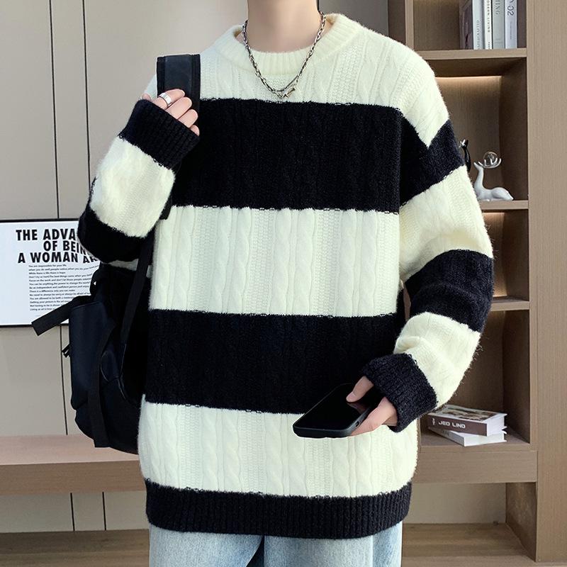 Autumn Winter Men's Striped Color Block Round Neck Pullover, Casual Japanese Retro Hong Kong Style Knitwear.