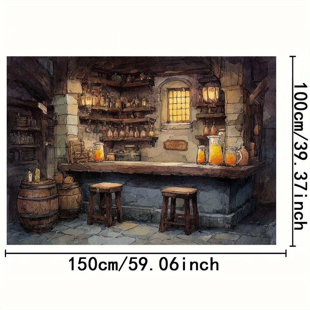 One 2D flat rural tavern background fabric - featuring stone walls, wooden barrels and warm orange beverage cans theme