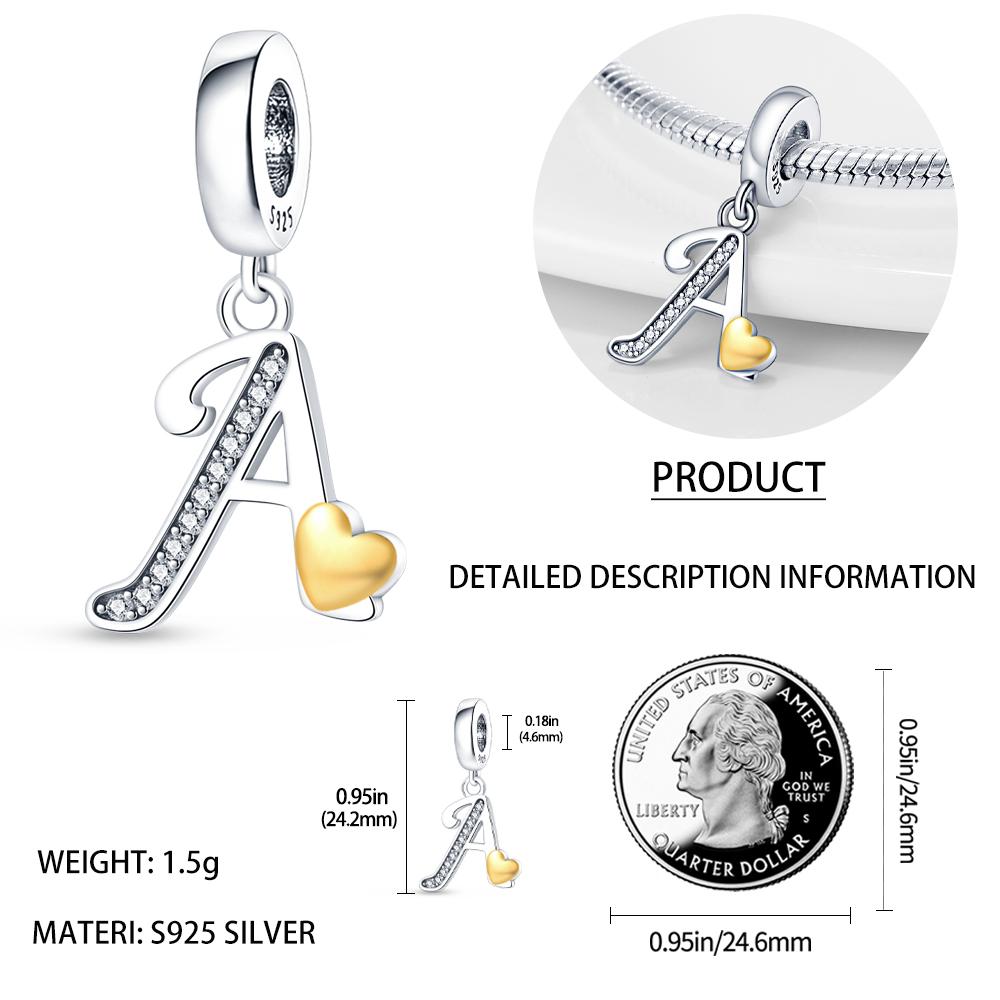 Neue in S925 Sterling Silber 26 Buchstaben Rose Gold überzogene Liebe Herz Charme für Armband DIY Schmuck für Frauen heißer Verkauf