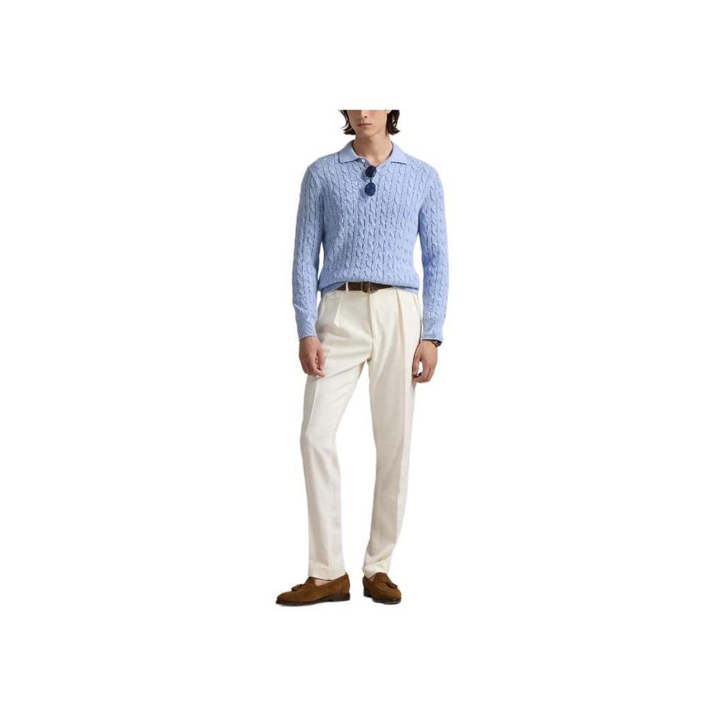 Polo Ralph Lauren Cable-Knit Cotton Polo-Collar Solid Color Long Sleeve Polo Shirt Men tops Blue 100050041
