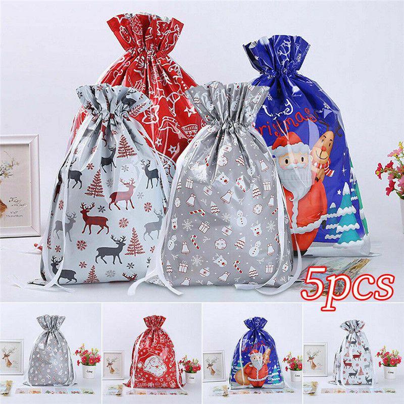Sacks 5pcs Christmas Reusable Drawstring Wrap Present Candy Gift Party Xmas Bags