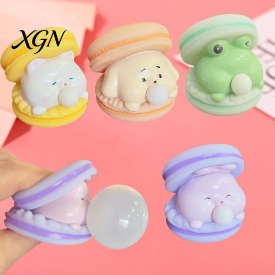 Stress Relief Toy Bubble-Breathing Burger Squeeze Soft TPR Fidget for Macaron Ball Cute Macaron-Shaped Decompression Gadget Kids Adults Sensory