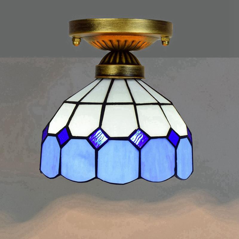 European Stained Glass Ceiling Light - Handcrafted Floral Rose Mosaic, Antique 8Inch Wide Flush Mount for Dining Room/Library