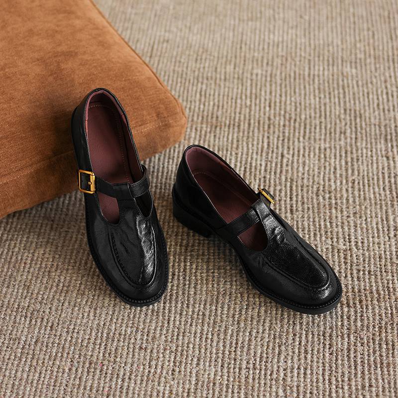 Krazing Pot Sheepskin Round Toe Thick Med Heels Spring Shoes Slip on Big Size 42 Loafers Women Metal Buckle Pleated Pumps