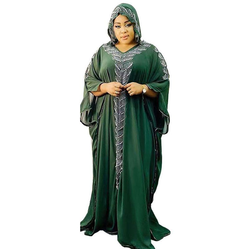 Indonesia European and American Amazon Chiffon Heavy Embroidery Hot Drilling Dress African Long Gown Plus Size Hooded Women Dresses