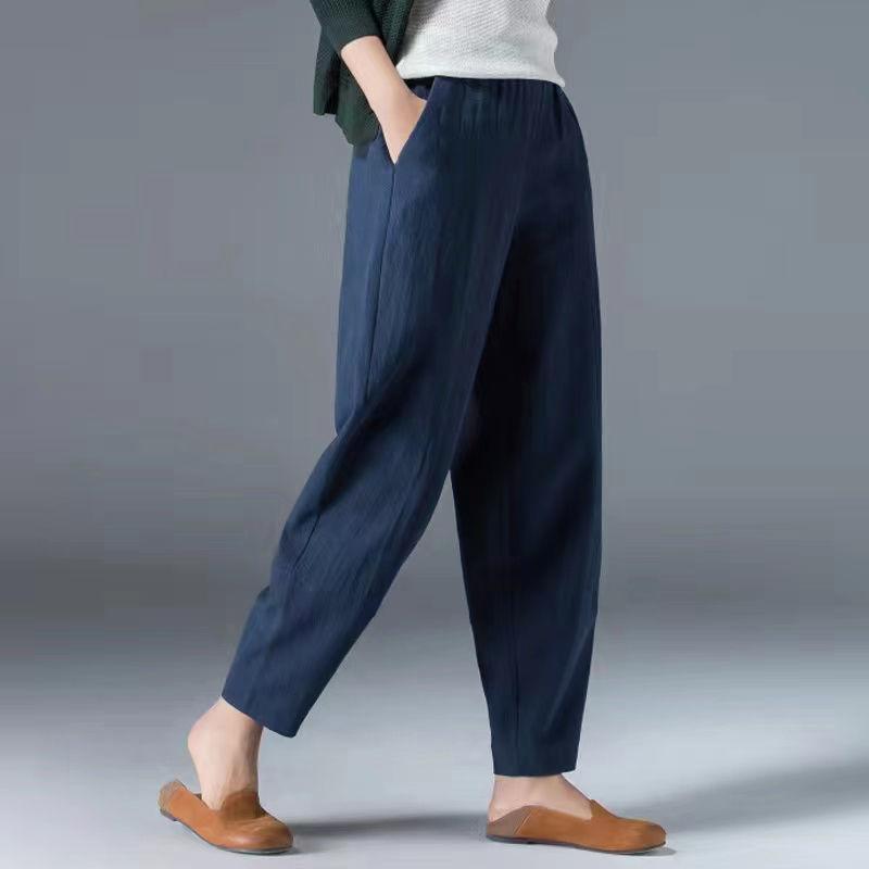 Plus Size Women's Summer Casual Loose Harem Elastic Waist Cotton Linen Thin Ninth Trousers