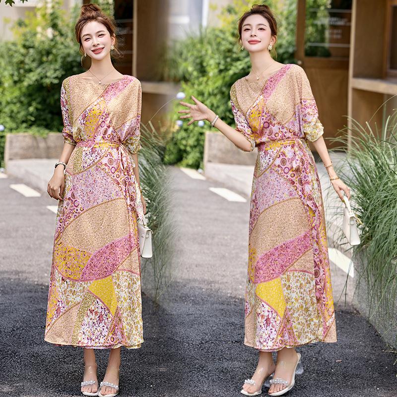 

Цветочное платье летний пояс мода ретро цельнокрое до колена отпуск длинная юбка 2XL