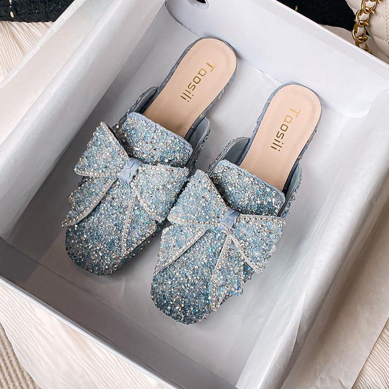 Baotou half slippers women's summer wear new bow-tie rhinestone cool slippers flat-soled single shoes half-tray shoes